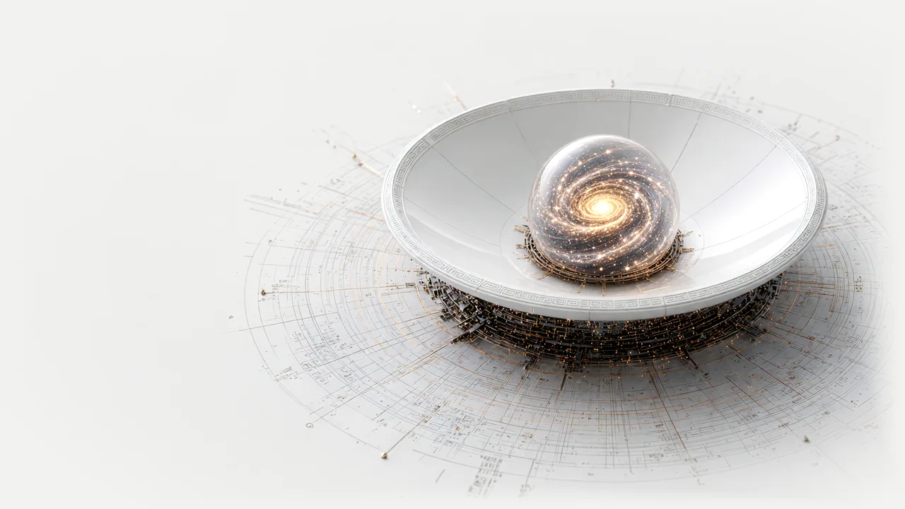 A shallow white dish with black and gold machinery beneath it, holding a glass sphere of gold light at its focus.
