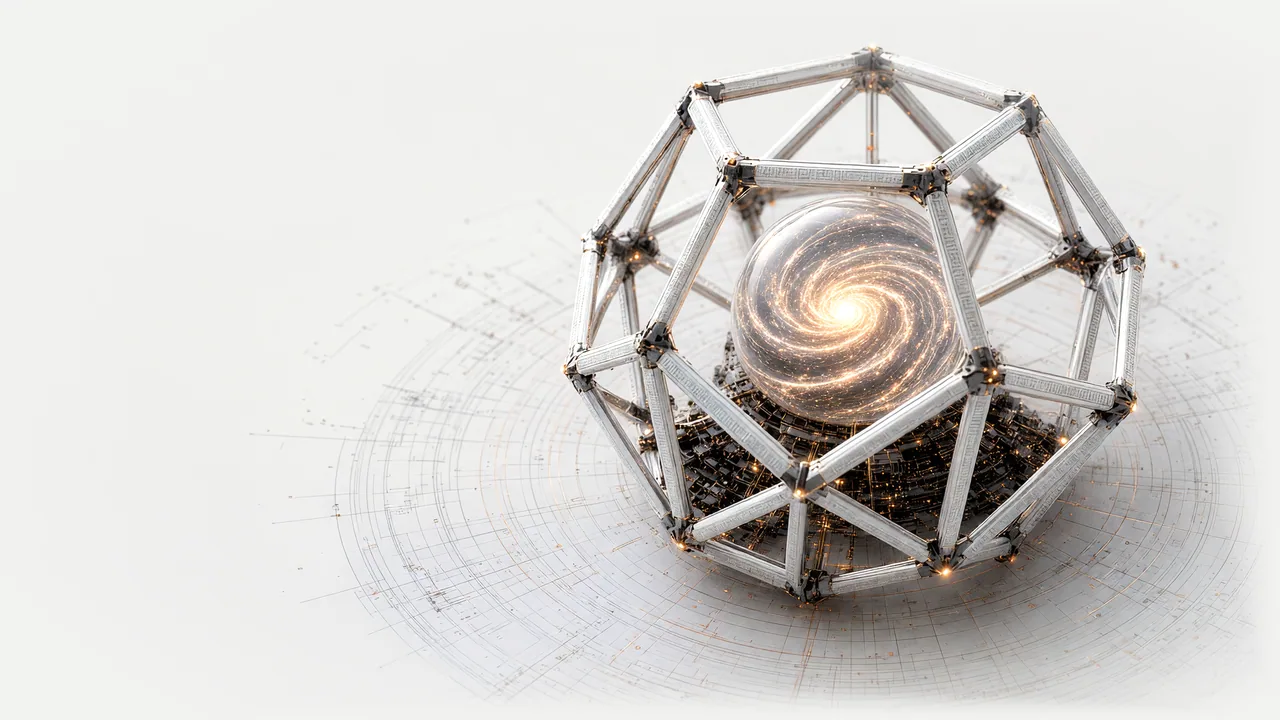 A dodecahedron frame of white struts holding a glass sphere of gold light, resting on its technical drawing.