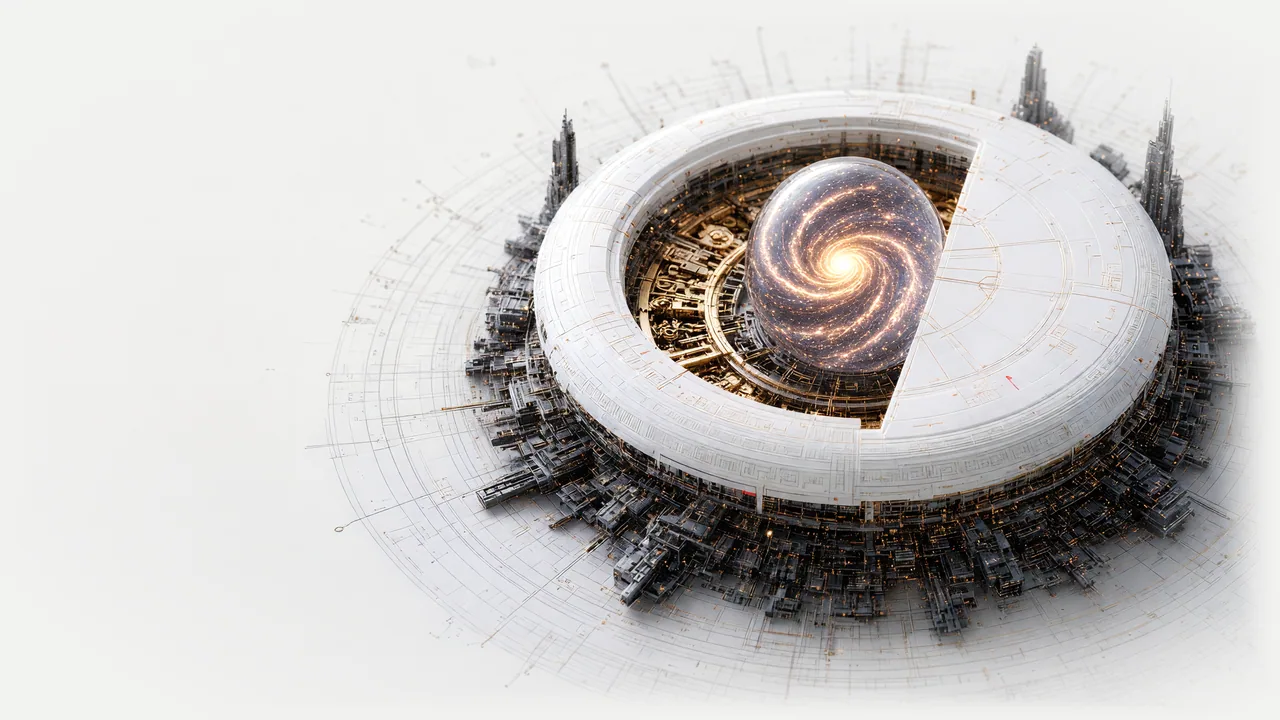 A low white drum with one wedge-shaped window onto a gold gear train, a glass sphere at its hub, ringed by black architecture with gold lights.