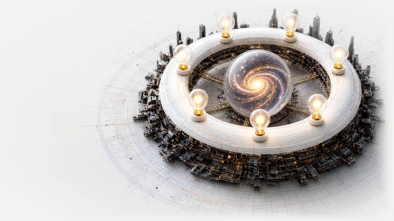 A white ring carrying seven lit light bulbs around a glass sphere of gold light, rising from black architecture with gold lights.