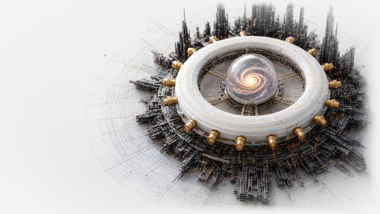 A round white vault door engraved with a Greek key, gold locking bolts around its rim and a glass sphere of gold light as its lock, set in black architecture with gold lights.